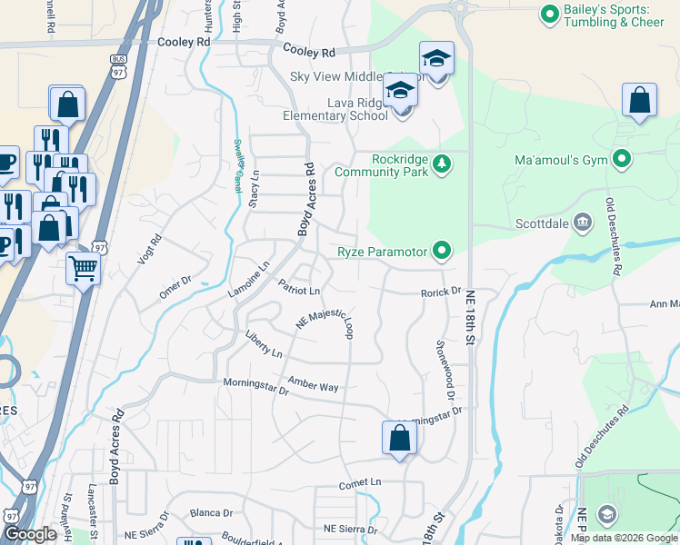 map of restaurants, bars, coffee shops, grocery stores, and more near 63380 Tristar Drive in Bend