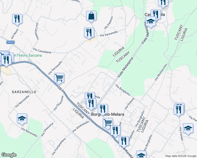 map of restaurants, bars, coffee shops, grocery stores, and more near 13 Via Melara in Borghetto-melara