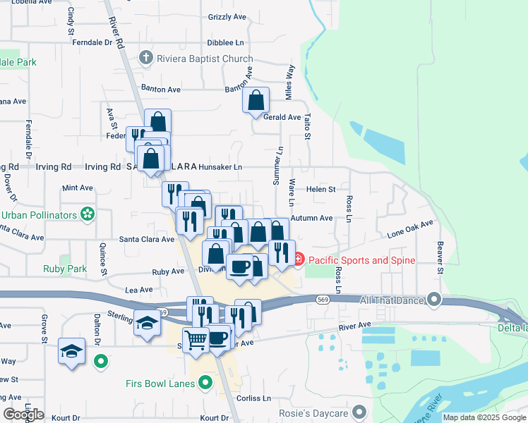 map of restaurants, bars, coffee shops, grocery stores, and more near 2606 Summer Lane in Eugene