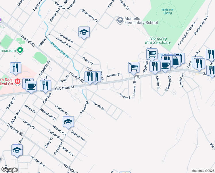 map of restaurants, bars, coffee shops, grocery stores, and more near 581 Maine 126 in Lewiston