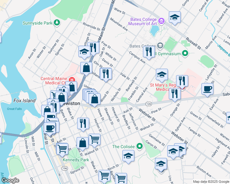 map of restaurants, bars, coffee shops, grocery stores, and more near 51 Wood Street in Lewiston