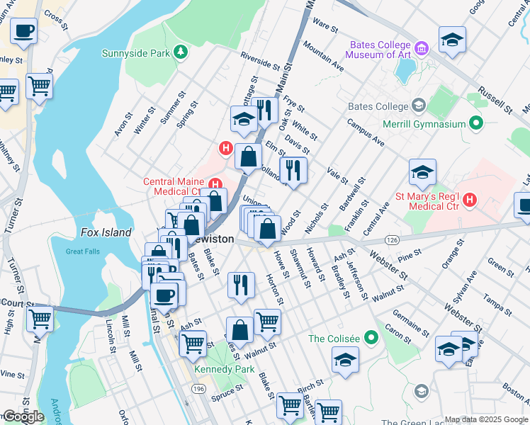 map of restaurants, bars, coffee shops, grocery stores, and more near 29 Union Street in Lewiston