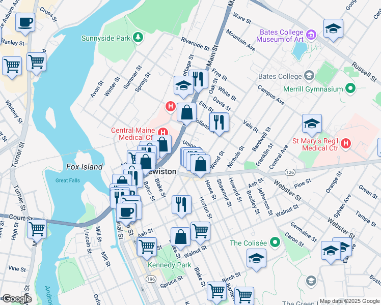map of restaurants, bars, coffee shops, grocery stores, and more near 29 Union Street in Lewiston