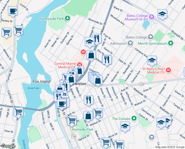 map of restaurants, bars, coffee shops, grocery stores, and more near 29 Union Street in Lewiston