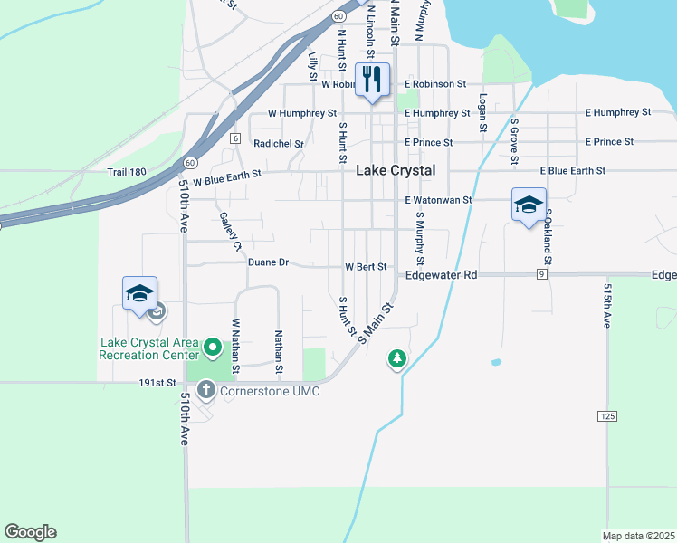 map of restaurants, bars, coffee shops, grocery stores, and more near 212 West Bert Street in Lake Crystal