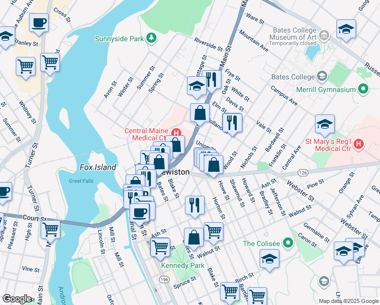 map of restaurants, bars, coffee shops, grocery stores, and more near 319 U.S. 202 in Lewiston