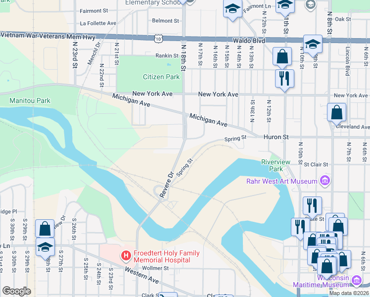 map of restaurants, bars, coffee shops, grocery stores, and more near 743 Revere Drive in Manitowoc