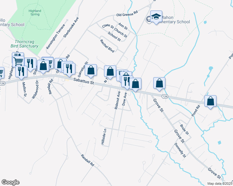 map of restaurants, bars, coffee shops, grocery stores, and more near 7 Rideout Avenue in Lewiston