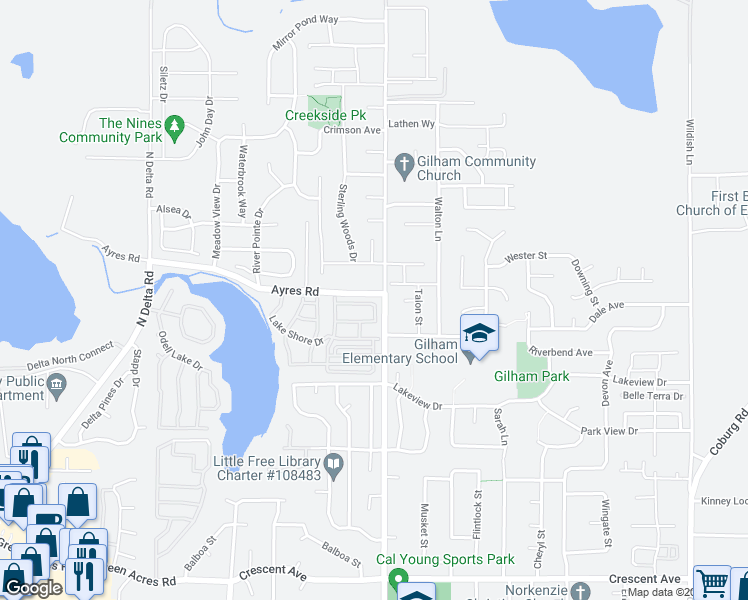 map of restaurants, bars, coffee shops, grocery stores, and more near 2069 Lake Wind Drive in Eugene
