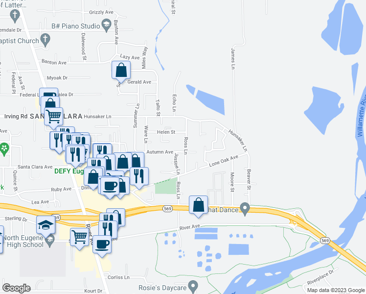 map of restaurants, bars, coffee shops, grocery stores, and more near 2636 Ross Lane in Eugene