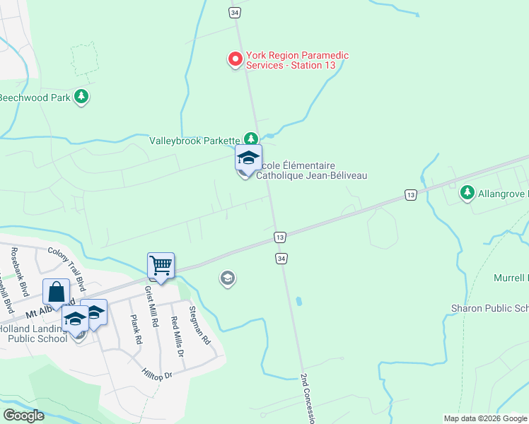 map of restaurants, bars, coffee shops, grocery stores, and more near 19200 Concession Road 2 in East Gwillimbury