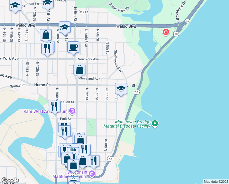 map of restaurants, bars, coffee shops, grocery stores, and more near 722 North 4th Street in Manitowoc