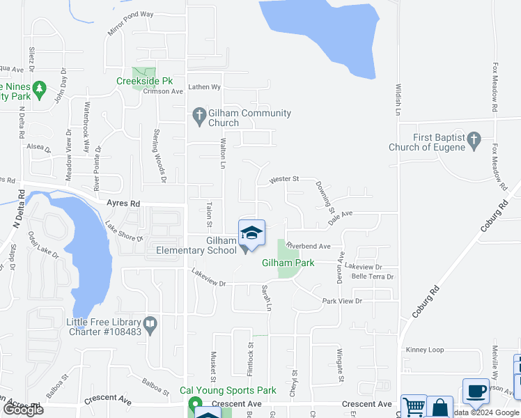 map of restaurants, bars, coffee shops, grocery stores, and more near 3363 Honeywood Street in Eugene