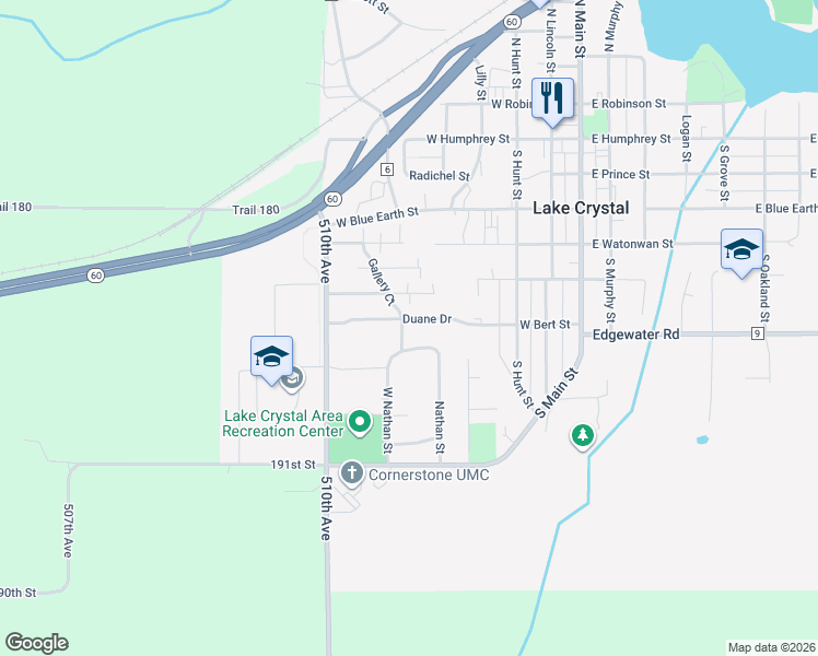map of restaurants, bars, coffee shops, grocery stores, and more near 600 Mari Dean Boulevard in Lake Crystal