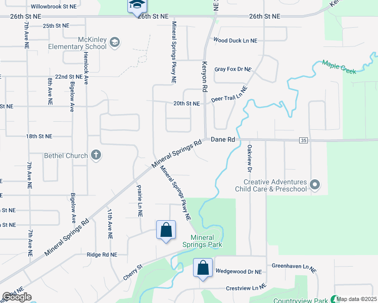 map of restaurants, bars, coffee shops, grocery stores, and more near 1710 Denmark Place Northeast in Owatonna