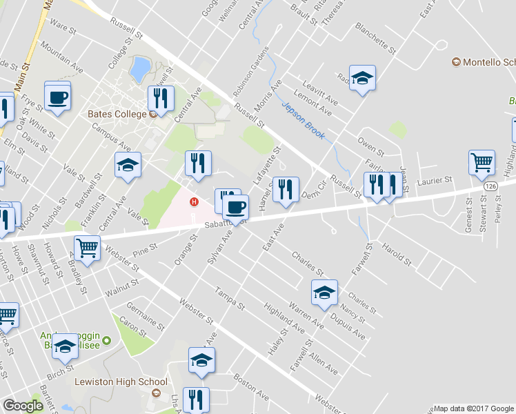 map of restaurants, bars, coffee shops, grocery stores, and more near 12 Hamel Street in Lewiston