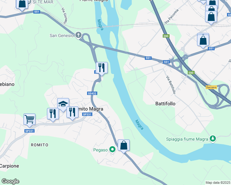 map of restaurants, bars, coffee shops, grocery stores, and more near 63 Via Provinciale in Romito Magra