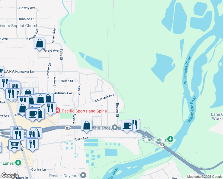 map of restaurants, bars, coffee shops, grocery stores, and more near 870 Hunsaker Lane in Eugene