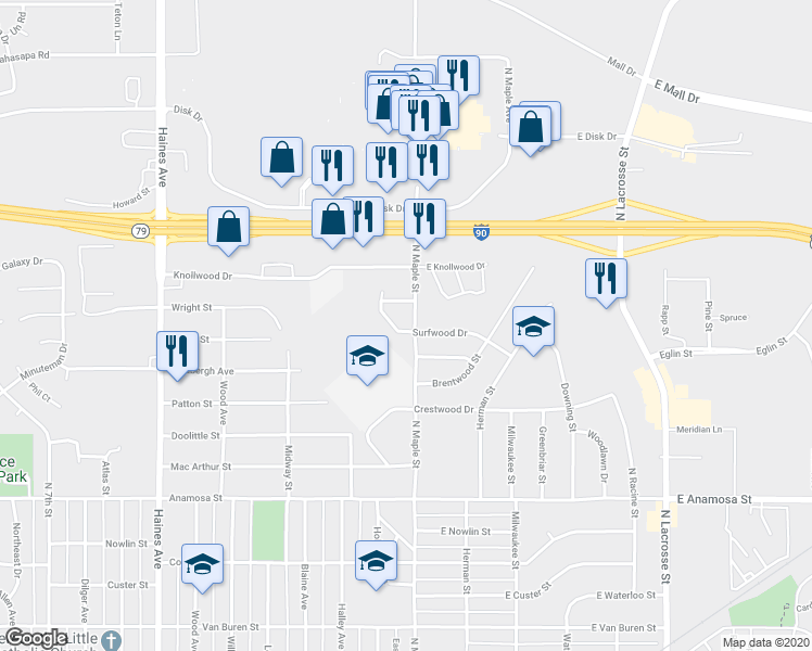map of restaurants, bars, coffee shops, grocery stores, and more near 30 Surfwood Drive in Rapid City