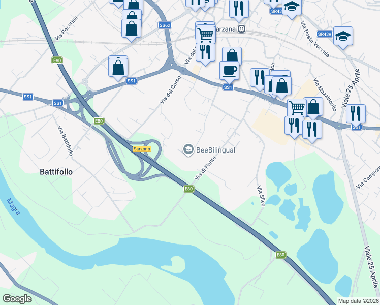 map of restaurants, bars, coffee shops, grocery stores, and more near 82 Via Giuncaro in Sarzana