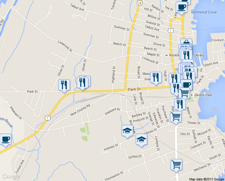 map of restaurants, bars, coffee shops, grocery stores, and more near 24 Highland Street in Rockland