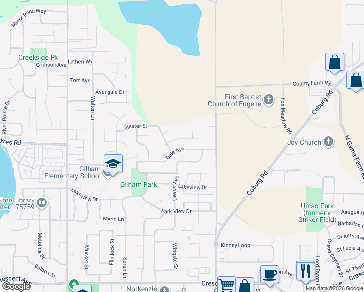 map of restaurants, bars, coffee shops, grocery stores, and more near 2445 Dale Avenue in Eugene