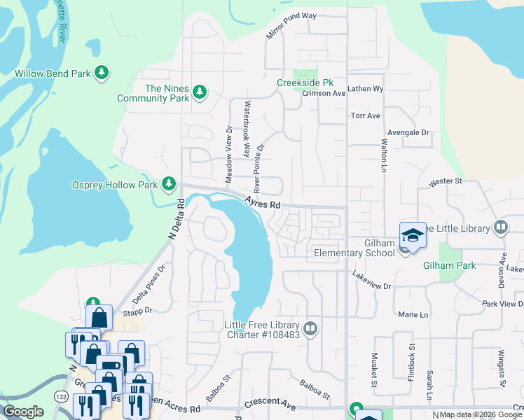 map of restaurants, bars, coffee shops, grocery stores, and more near 1710 Lake Shore Drive in Eugene