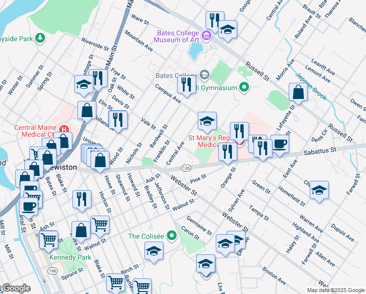 map of restaurants, bars, coffee shops, grocery stores, and more near 49 Central Avenue in Lewiston