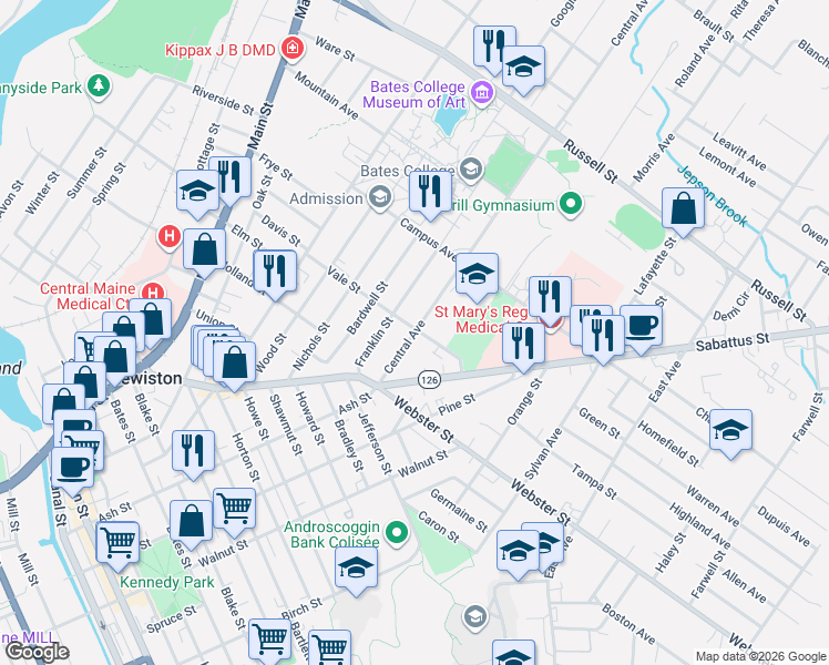 map of restaurants, bars, coffee shops, grocery stores, and more near 49 Central Avenue in Lewiston