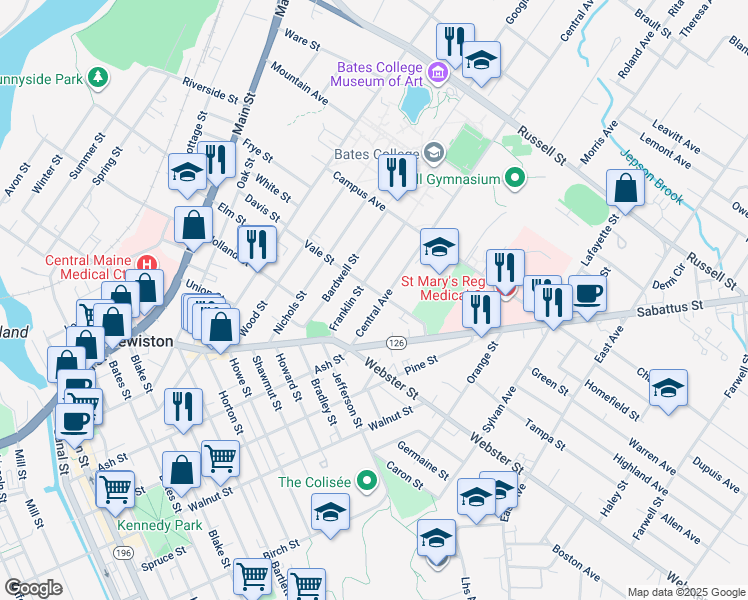 map of restaurants, bars, coffee shops, grocery stores, and more near 49 Central Avenue in Lewiston
