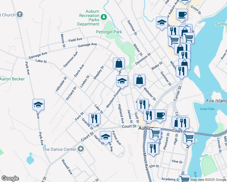 map of restaurants, bars, coffee shops, grocery stores, and more near 100 Highland Avenue in Auburn