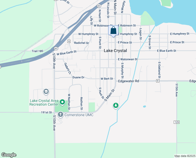 map of restaurants, bars, coffee shops, grocery stores, and more near 212 West Bert Street in Lake Crystal