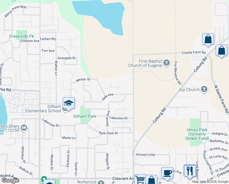 map of restaurants, bars, coffee shops, grocery stores, and more near 2445 Dale Avenue in Eugene