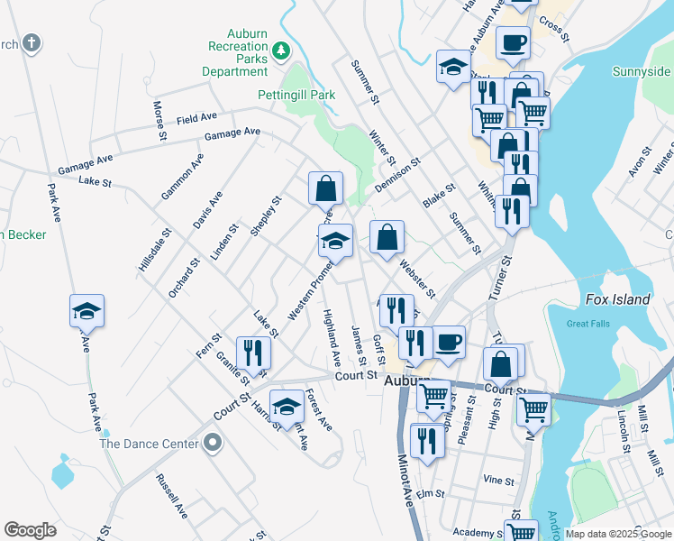 map of restaurants, bars, coffee shops, grocery stores, and more near 27 Charles Street in Auburn