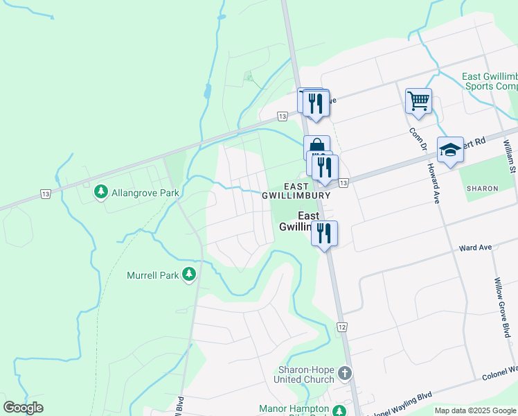 map of restaurants, bars, coffee shops, grocery stores, and more near 1 Walter Proctor Road in East Gwillimbury