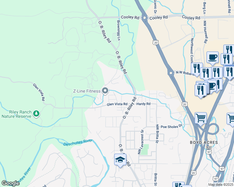 map of restaurants, bars, coffee shops, grocery stores, and more near 20206 Glen Vista Road in Bend