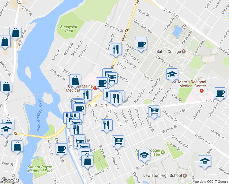 map of restaurants, bars, coffee shops, grocery stores, and more near 29 Union Street in Lewiston