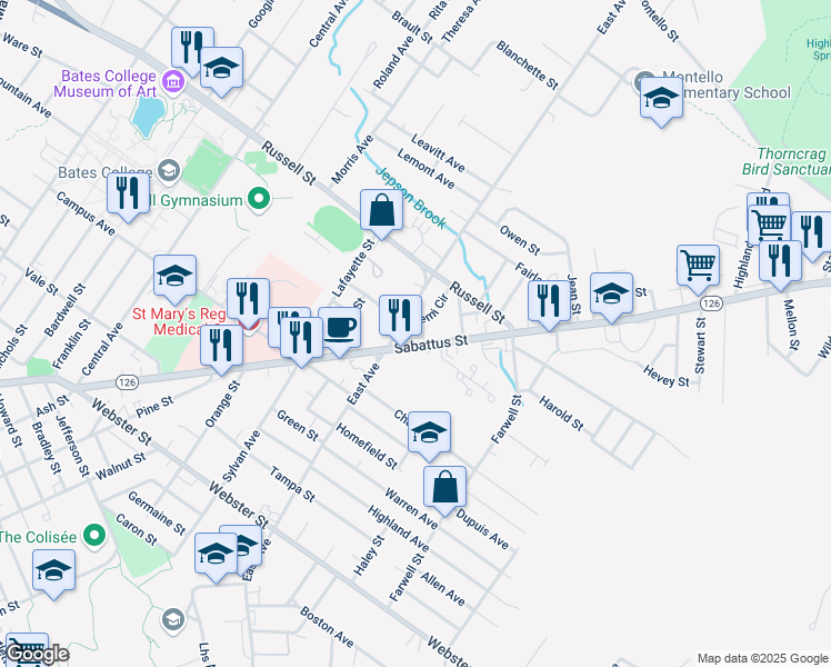 map of restaurants, bars, coffee shops, grocery stores, and more near 446 Maine 126 in Lewiston