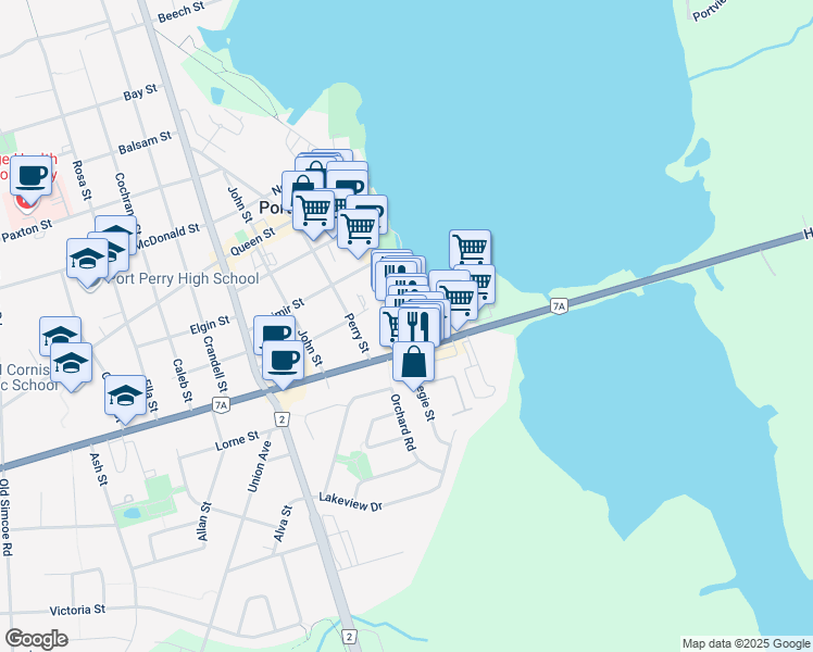 map of restaurants, bars, coffee shops, grocery stores, and more near 28 Water Street in Port Perry