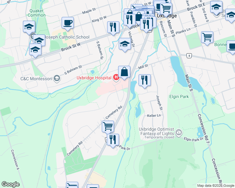 map of restaurants, bars, coffee shops, grocery stores, and more near James Hill Court in Uxbridge