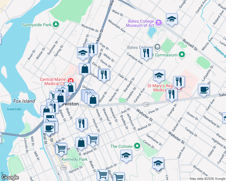 map of restaurants, bars, coffee shops, grocery stores, and more near 51 Wood Street in Lewiston