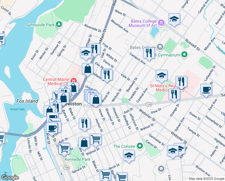 map of restaurants, bars, coffee shops, grocery stores, and more near 51 Wood Street in Lewiston