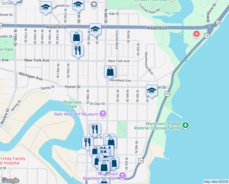 map of restaurants, bars, coffee shops, grocery stores, and more near 719 North 8th Street in Manitowoc