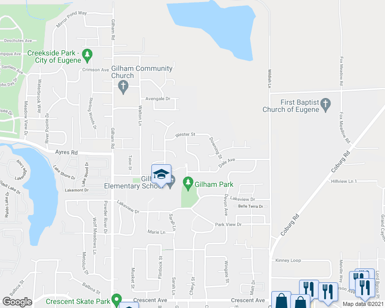map of restaurants, bars, coffee shops, grocery stores, and more near 3244 Twin Elms Drive in Eugene