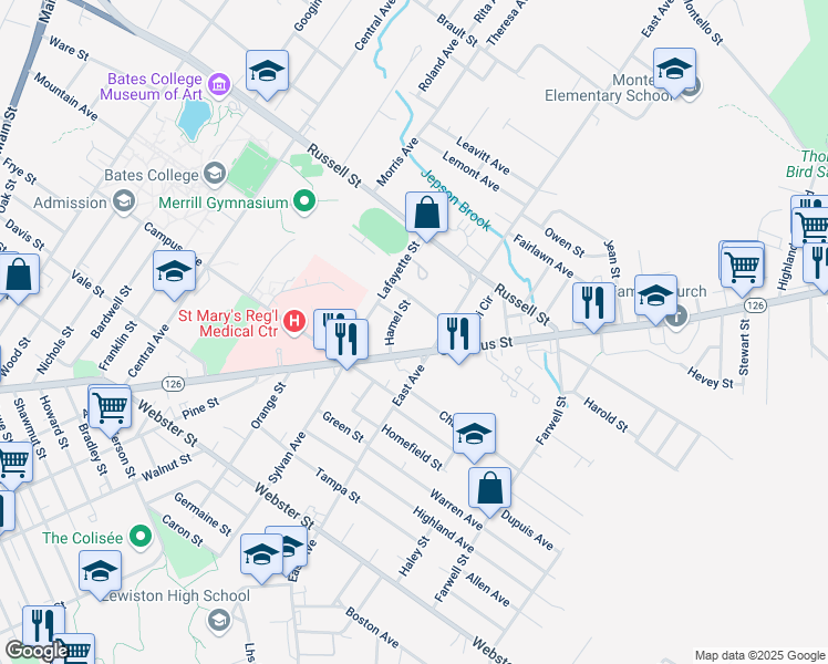 map of restaurants, bars, coffee shops, grocery stores, and more near 430 Sabattus Street in Lewiston