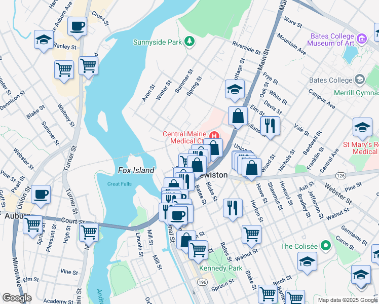 map of restaurants, bars, coffee shops, grocery stores, and more near 13 Granite Street in Lewiston
