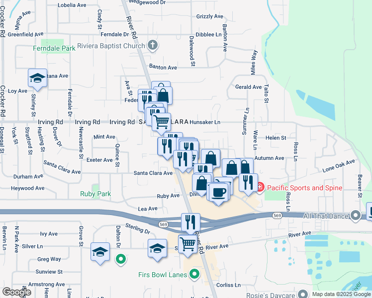 map of restaurants, bars, coffee shops, grocery stores, and more near 84 Green Lane in Eugene