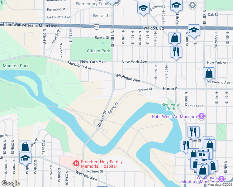 map of restaurants, bars, coffee shops, grocery stores, and more near 743 Revere Drive in Manitowoc