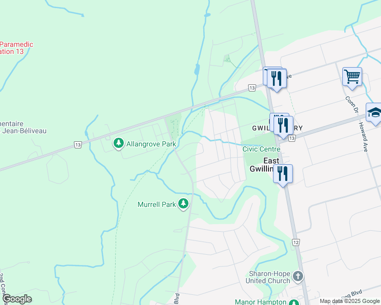 map of restaurants, bars, coffee shops, grocery stores, and more near 12 Baleberry Crescent in East Gwillimbury
