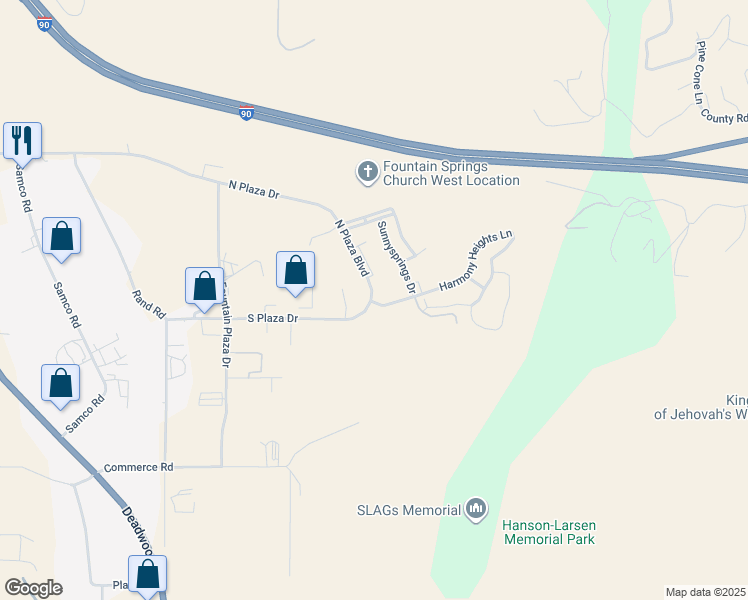 map of restaurants, bars, coffee shops, grocery stores, and more near 2415 Harmony Heights Ln in Rapid City